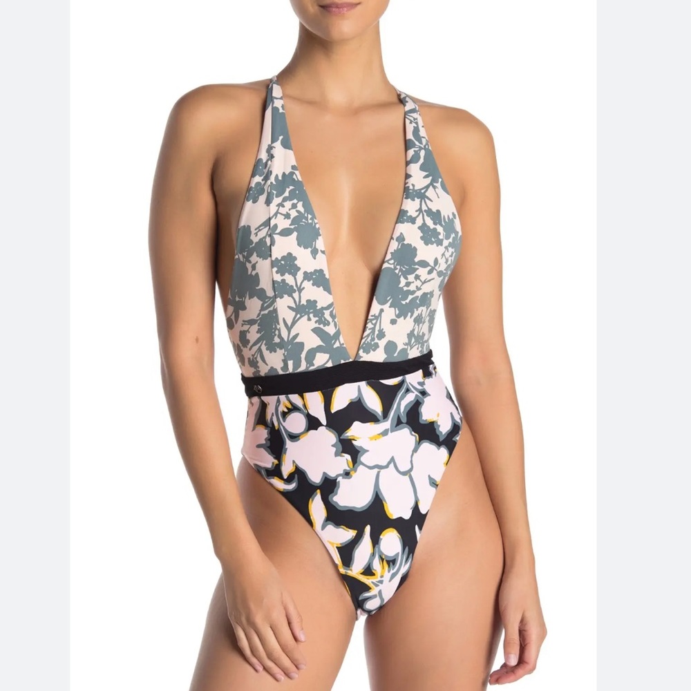 NEW maaji large one piece swimsuit floral print pink deep v neckline reversible